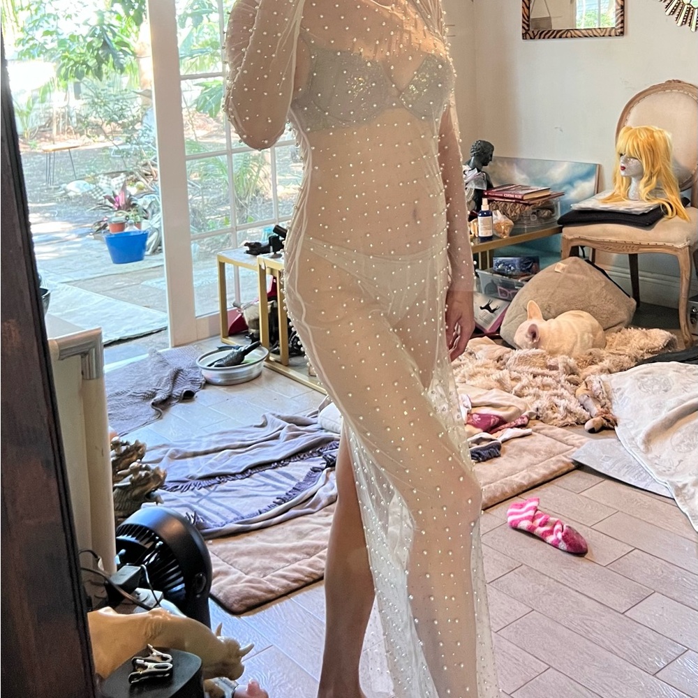 Sheer White Maxi Dress covered w pearls excellent for photoshoot!